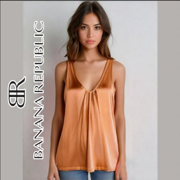 Sexy Y2K Banana Republic Sleeveless Top Gathered Plunging Neckline in Coral - Picture 1 of 16